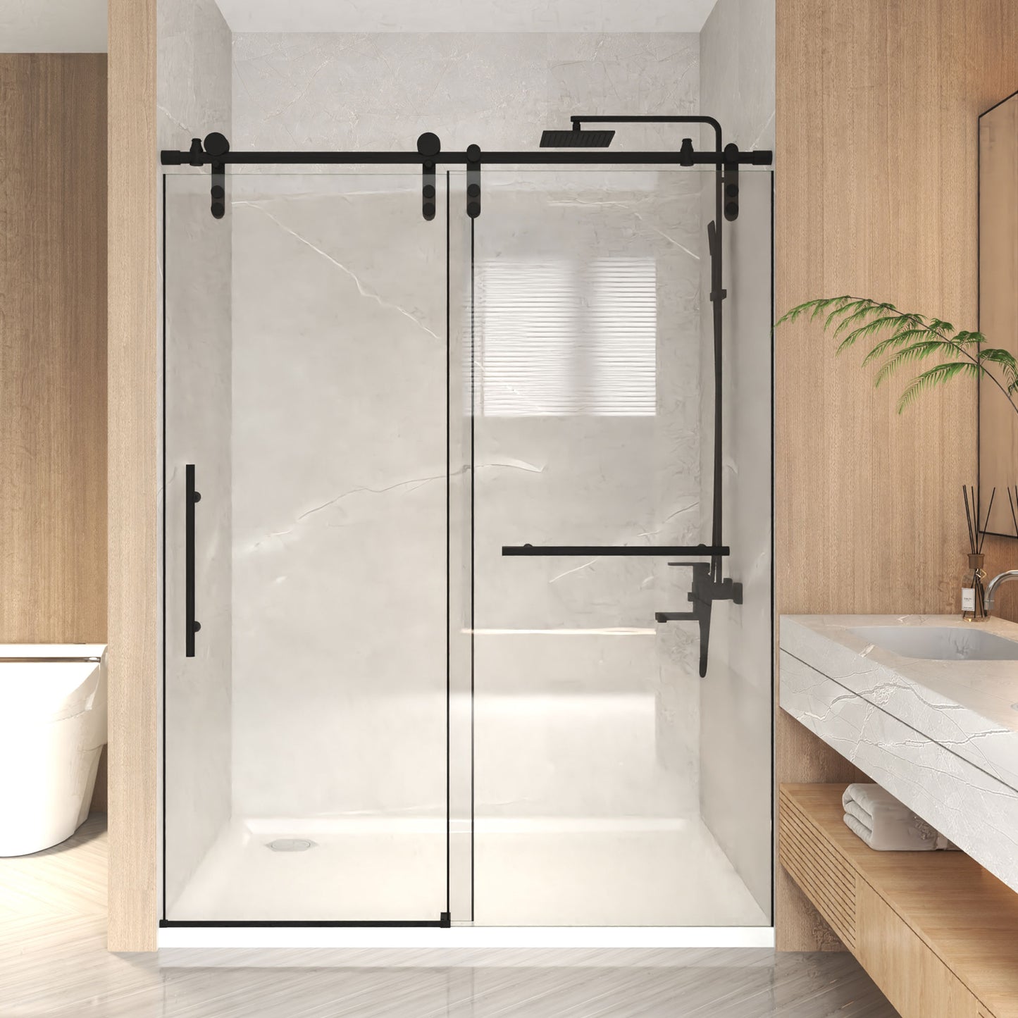 50-54" x 76" H Frameless Sliding Shower Door, 5/16" (8mm) Clear Tempered Glass, Stainless Steel Frame,Matte Black image 1