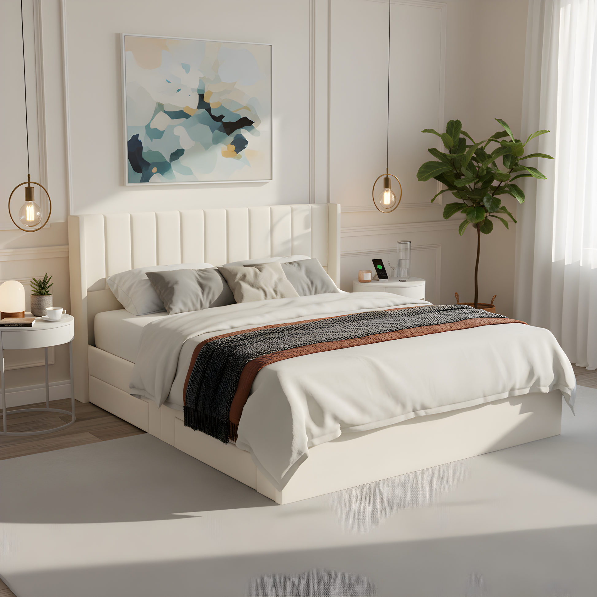Large-capacity upholstered storage bed with drawers,Beige,King image 2