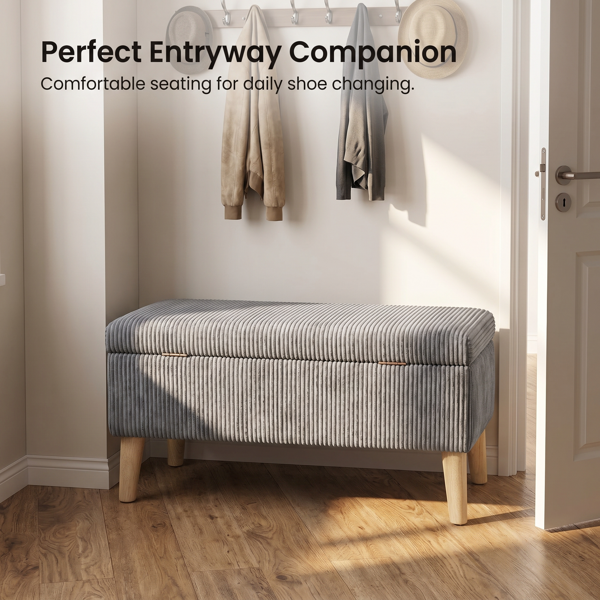 32 inch Wide Olive Grey Corduroy Storage Ottoman Bench with Wooden Legs, Flip-Top Storage Box, Soft Upholstered End of Bed Bench, Footrest & Shoe Bench for Bedroom, Living Room, Entryway image 3