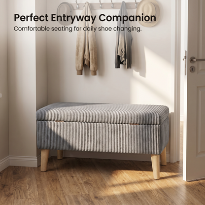 32 inch Wide Olive Grey Corduroy Storage Ottoman Bench with Wooden Legs, Flip-Top Storage Box, Soft Upholstered End of Bed Bench, Footrest & Shoe Bench for Bedroom, Living Room, Entryway image 3