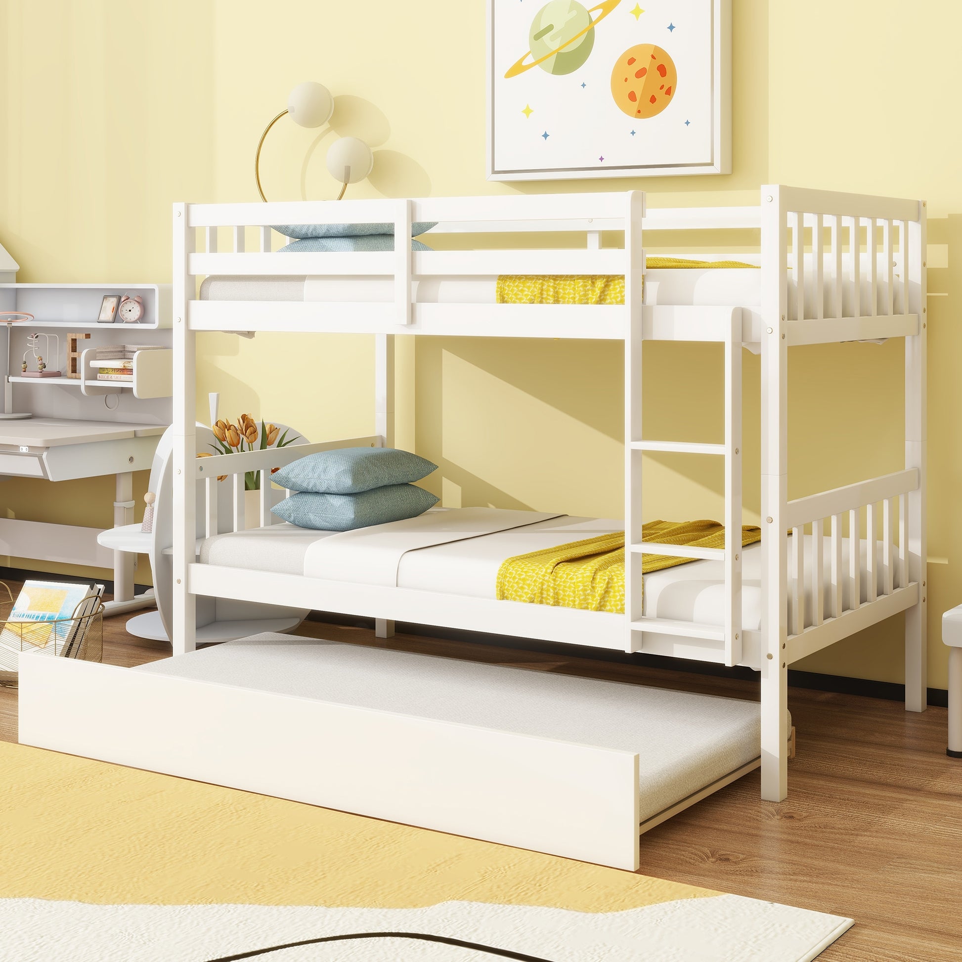 Twin Over Twin Rubber Wood Bunk Bed with Trundle, Convertible into Twin Size Beds, Twin Size Bunk Bed with Ladder and Safety Guardrails, White image 11