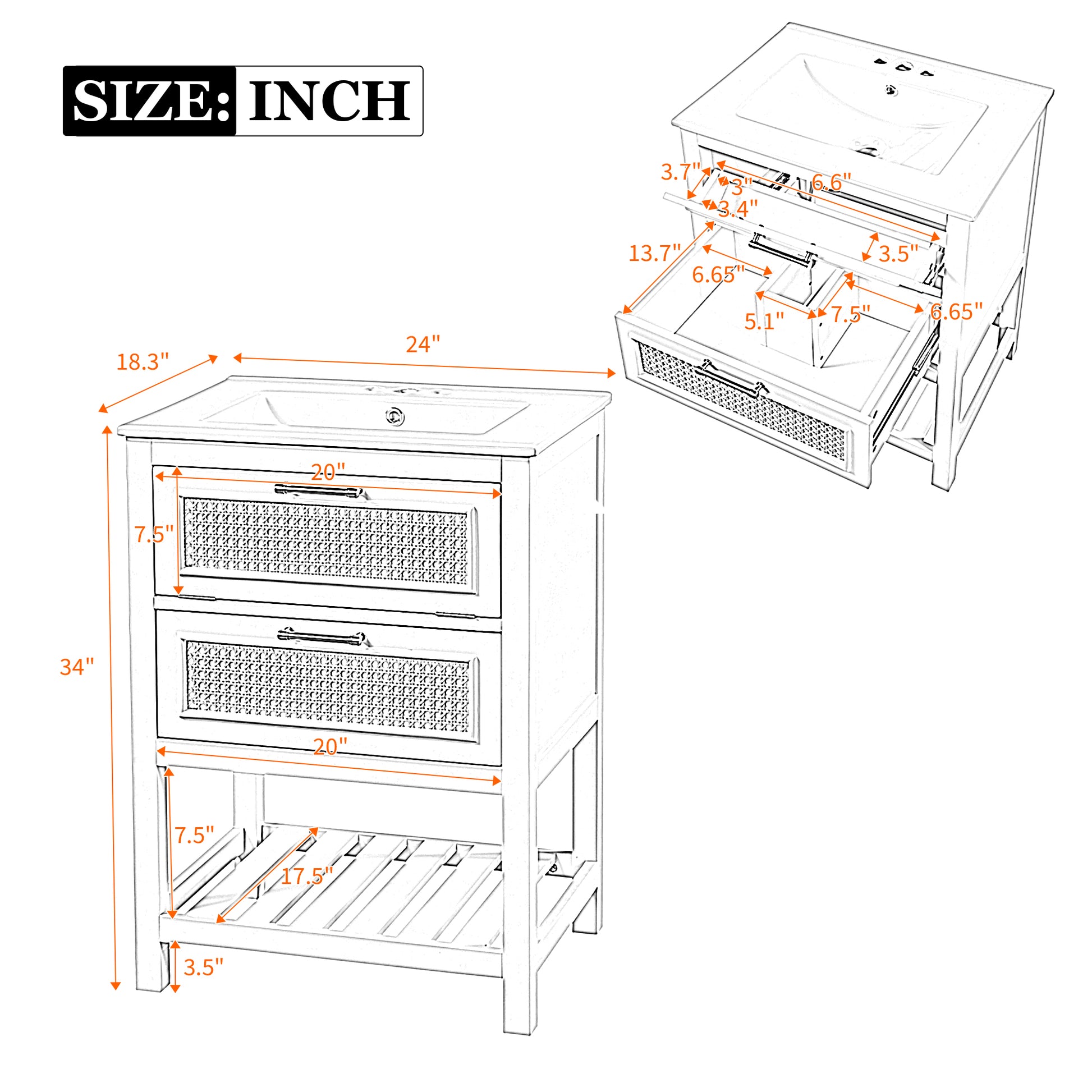24" Bathroom Vanity with Integrated Ceramic Sink, Bathroom Cabinet with 1 Deep Drawer, 1 Tip-Out Drawer, Single Sink Bathroom Vanity for Small and Medium Restroom image 9