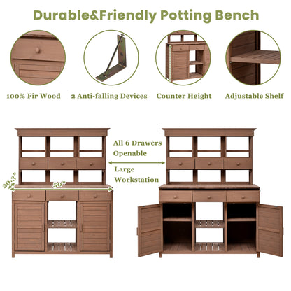 [Assembly Video Provided] TOPMAX 65.7'' H Tall Garden Potting Bench Table with Hutch,Patio Storage Workstation with 3 Shelves,6 Drawers,2 Bottom Cabinets&Side Hooks for Mudroom,Doorway, Brown image 6