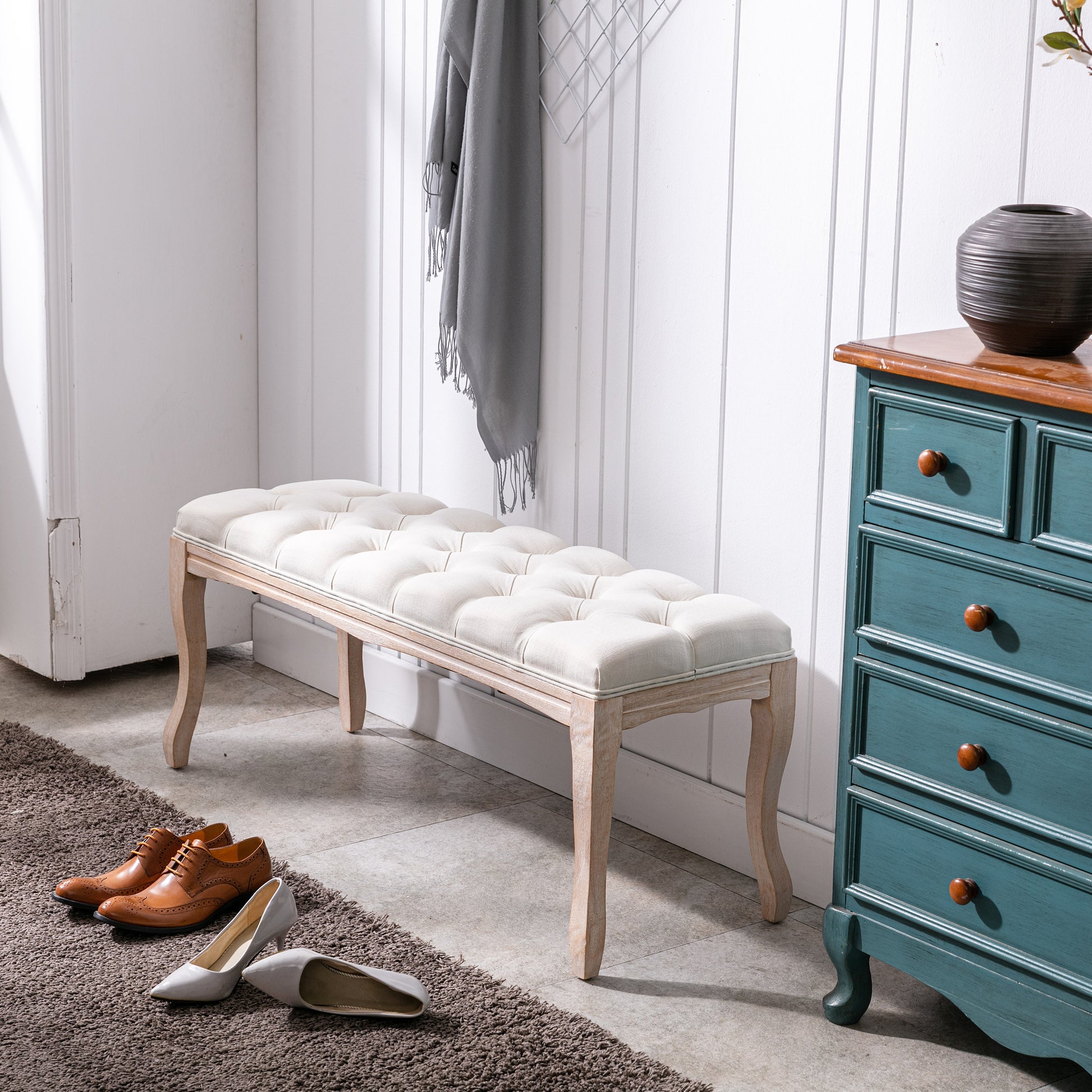 Bedroom Bench, French Vintage Tufted Entryway Bench, 43.3" Carving Upholstered End of Bed Bench with Distressed Wood Legs, Linen Ottoman Seat for Living Room, Foyer, Dining Room image 6