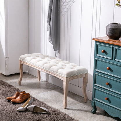 Bedroom Bench, French Vintage Tufted Entryway Bench, 43.3" Carving Upholstered End of Bed Bench with Distressed Wood Legs, Linen Ottoman Seat for Living Room, Foyer, Dining Room image 6