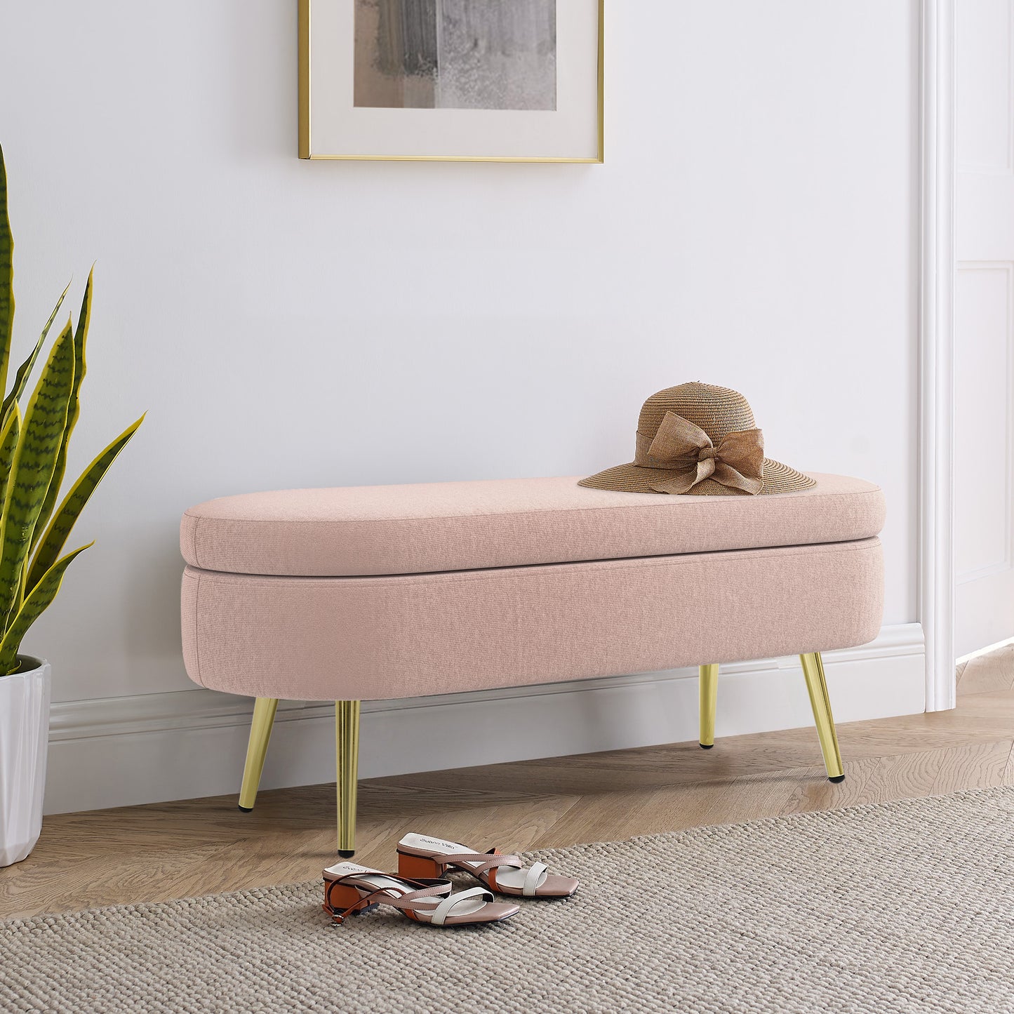 Ottoman Oval Storage Bench, Flannel with Metal Legs-Pink(43.5"x16"x16") image 5