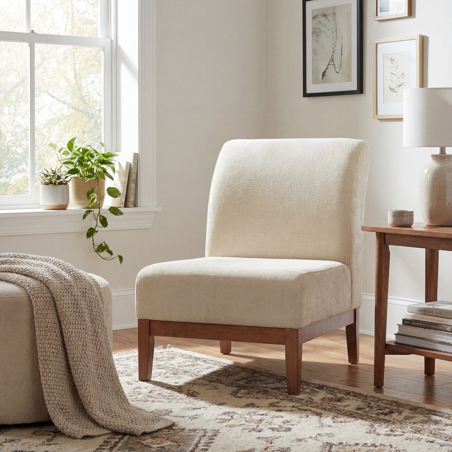 Modern Accent Chair - Beige Fabric Upholstered Accent Chair with Walnut Color Frame, 300lbs Capacity for Living Room, Bedroom & Entryway image 1