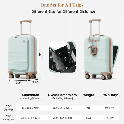 4-Piece Luggage Set with USB Charging Ports - 20in Carry-On (Front-Opening for Laptop) 28in Checked Suitcase with TSA Lock Travel Duffel Bag Wet-Dry Toiletry Bag, grey green image 6