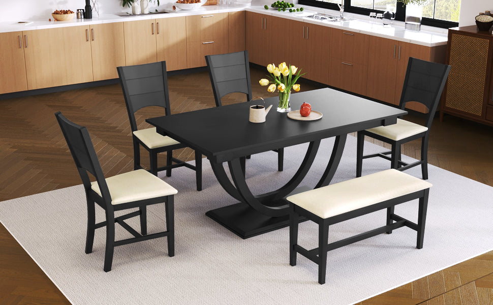 TOPMAX 6-Piece Wood Half Round Dining Table Set Kitchen Table Set with Long Bench and 4 Dining Chairs, Modern Style, Gray image 6