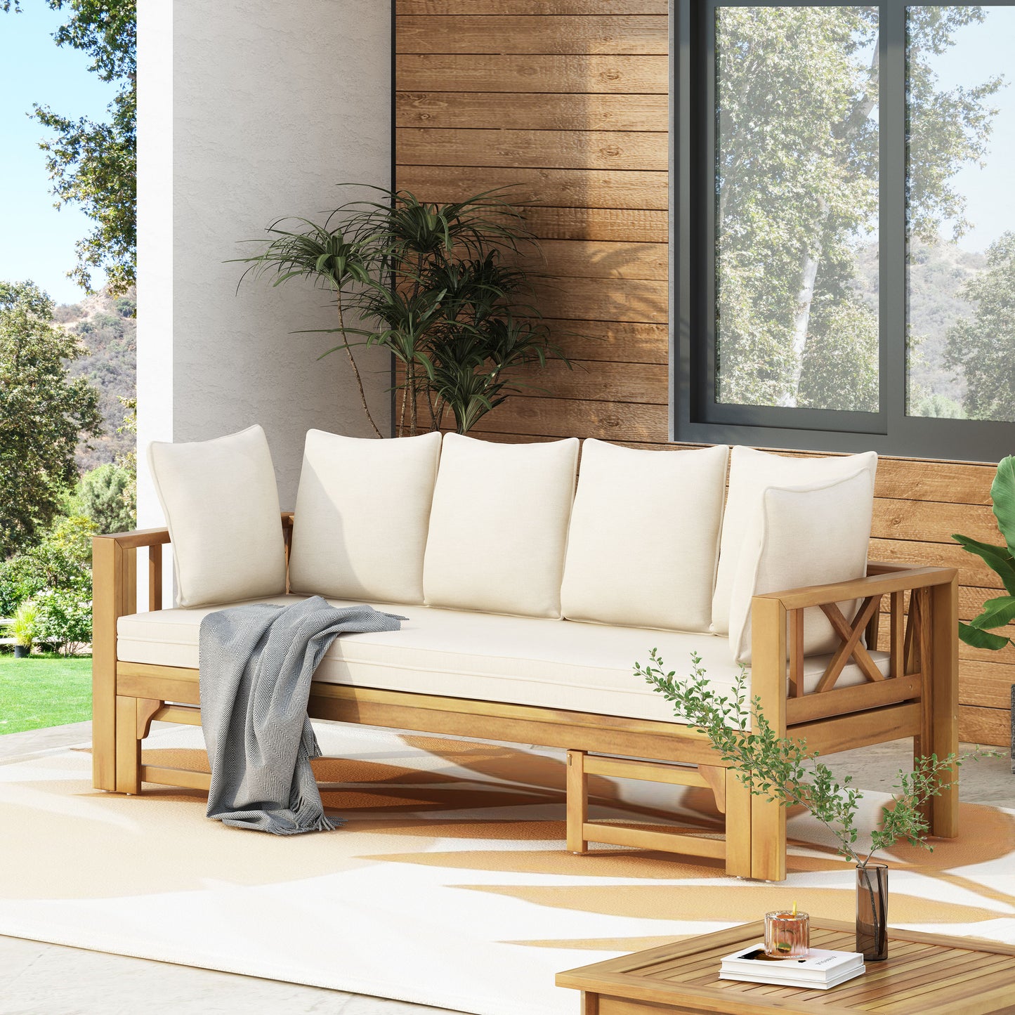 Outdoor Extendable Acacia Wood 3 Seater Sofa, Upholstered Cushion Couch, Daybed Sofa Chair, Spacious Seating Lounge Chair, Patio Daybed Sofa for Garden Yard image 1