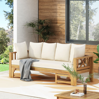 Outdoor Extendable Acacia Wood 3 Seater Sofa, Upholstered Cushion Couch, Daybed Sofa Chair, Spacious Seating Lounge Chair, Patio Daybed Sofa for Garden Yard image 1