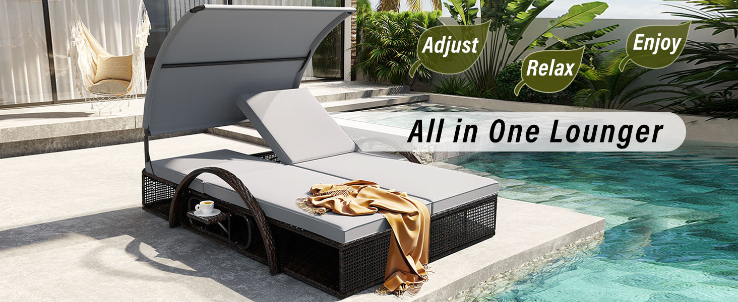U_STYLE Outdoor Steel Frame Sun Lounger with Adjustable Backrest,Patio Double Sunbed with Hidden Side Table and Arched Armrests,Suitable for Patio Pool Deck,Garden,Backyard image 3