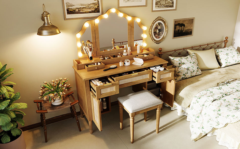 44.37" Makeup Vanity Desk with Stool Set, 13 Hollywood Bulbs & 3 Lighting Modes Dressing Table, Tri-Fold Mirror Large Vanity Table with Cushioned Stool, Charging Station, Ample Storage, Natural image 8