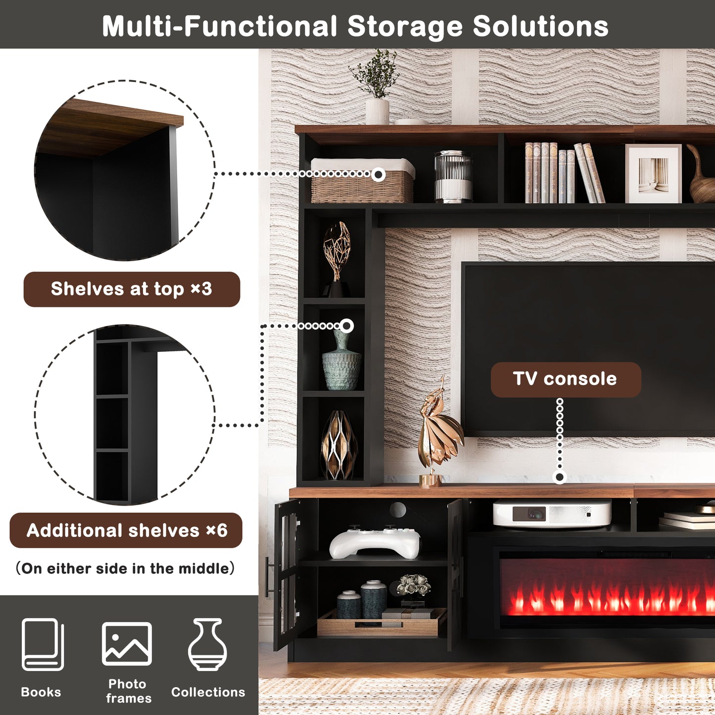 U-Can 95.5" W Wall Unit Entertainment Center with Bookshelves for TVs up to 80", Modern TV Stand Media Console with electric fireplace Cabinets, and Adjustable Shelves for Living Room image 11