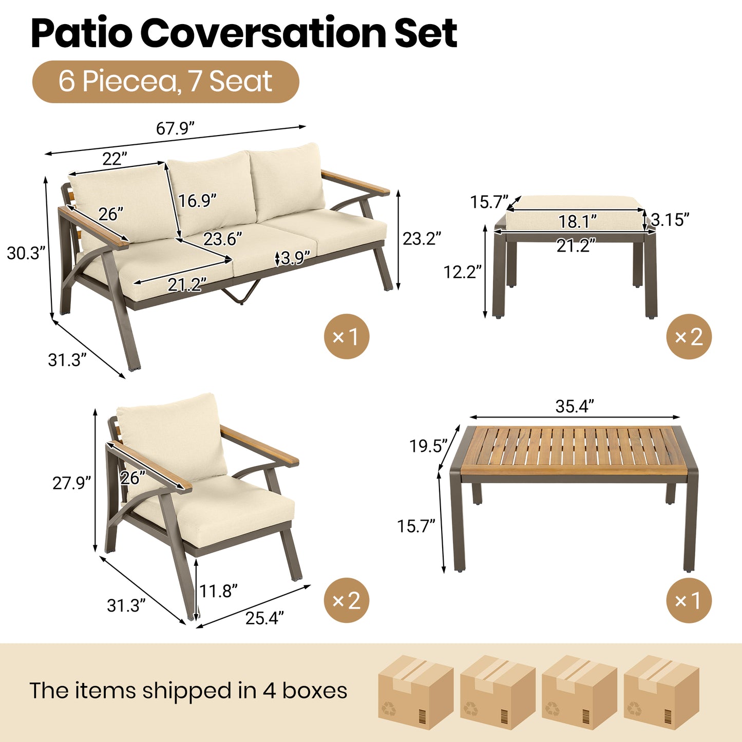 6-Piece Outdoor Patio Furniture Set, Steel Frame Sofa Set with 3-Seat Couch, 2 Armchairs, 2 Ottomans & Acacia Wood Coffee Table, Cushioned Seating for Backyard, Garden, Poolside, Beige Cushion image 11