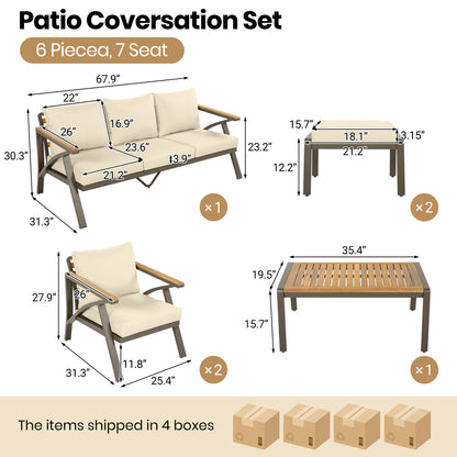 6-Piece Outdoor Patio Furniture Set, Steel Frame Sofa Set with 3-Seat Couch, 2 Armchairs, 2 Ottomans & Acacia Wood Coffee Table, Cushioned Seating for Backyard, Garden, Poolside, Beige Cushion image 11
