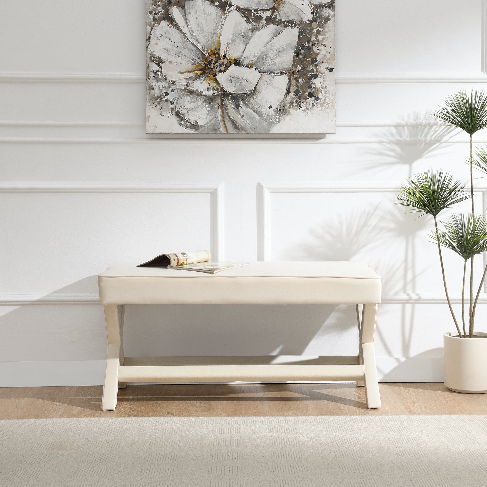 Comfort Double Bench Upholstered in Velvet Fabric,Stool with Stylish X-Crossed Legs,Comfort Cushion with piping,Velvet Beige image 2
