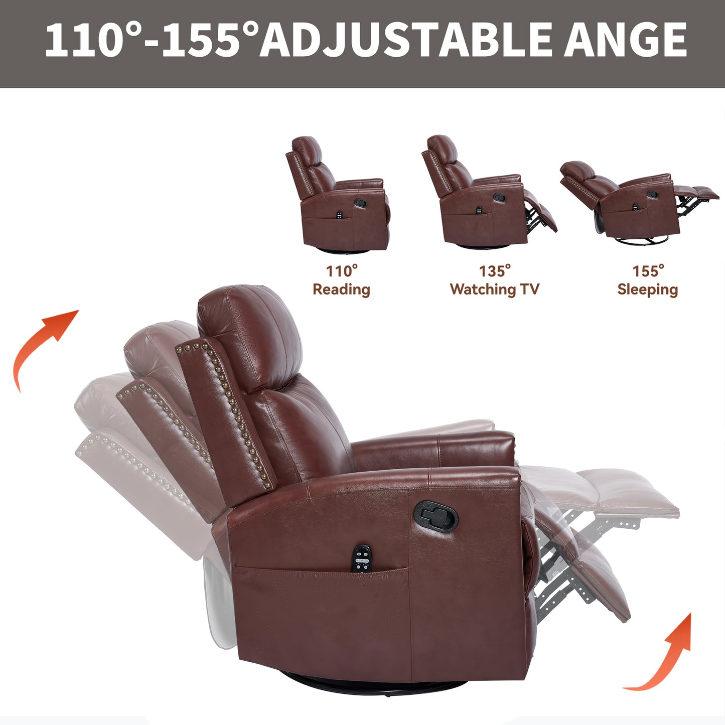 Wine Red Genuine Leather Heat Massage Manual Recliner Chair with Rocker and Swivel for Living Room image 6