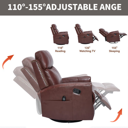 Wine Red Genuine Leather Heat Massage Manual Recliner Chair with Rocker and Swivel for Living Room image 6