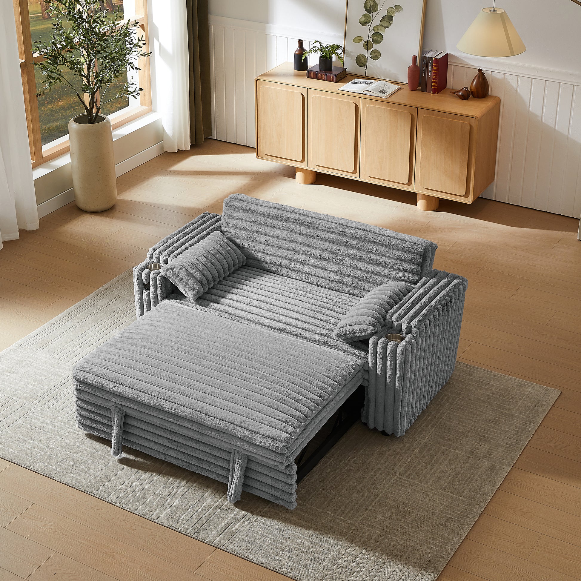 Light Grey Corduroy Sofa Bed with Pull Out Bed image 1
