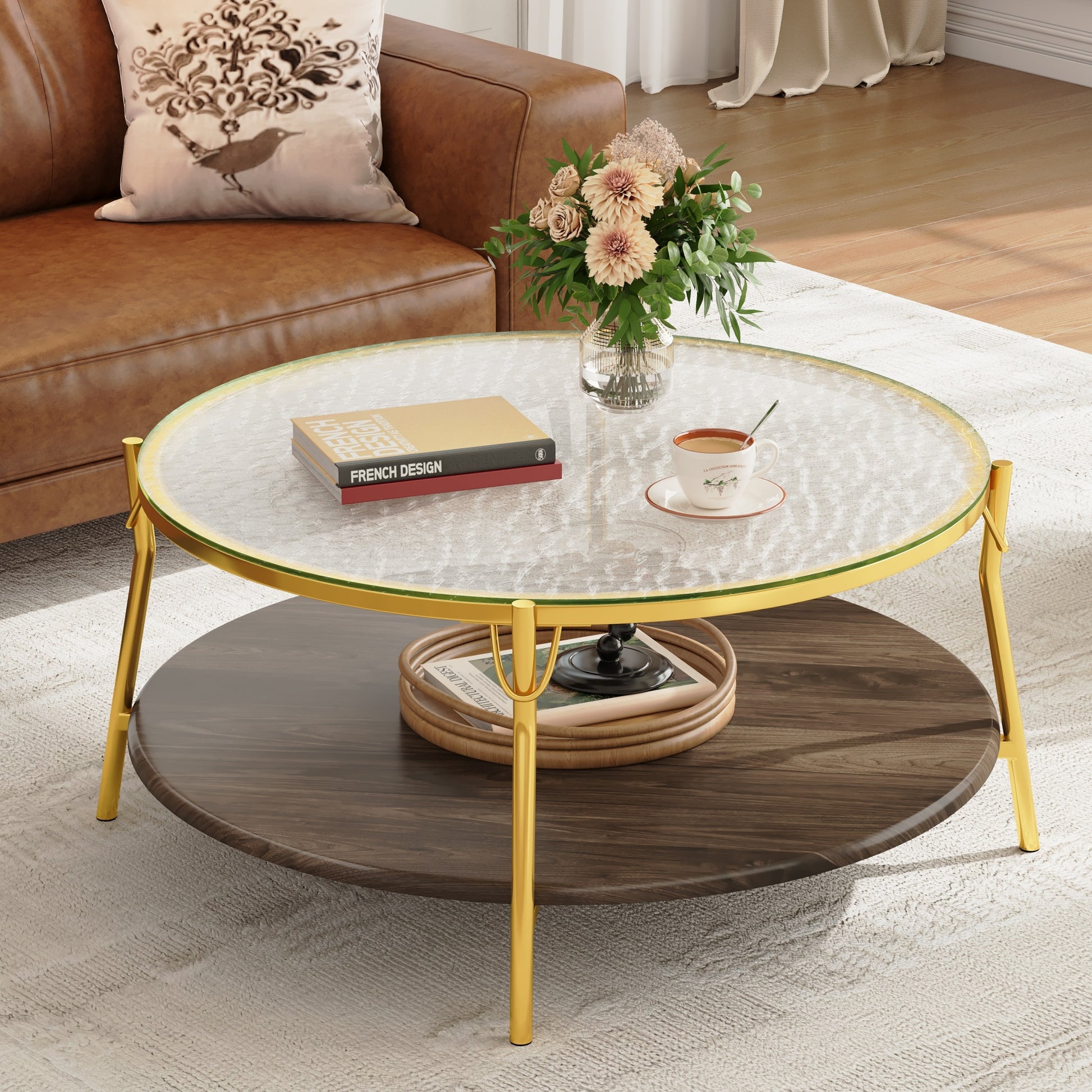 Modern Round Walnut 2-Tiered Coffee Table with Glass Top and Gold Base for Living Room, 29.9" image 6