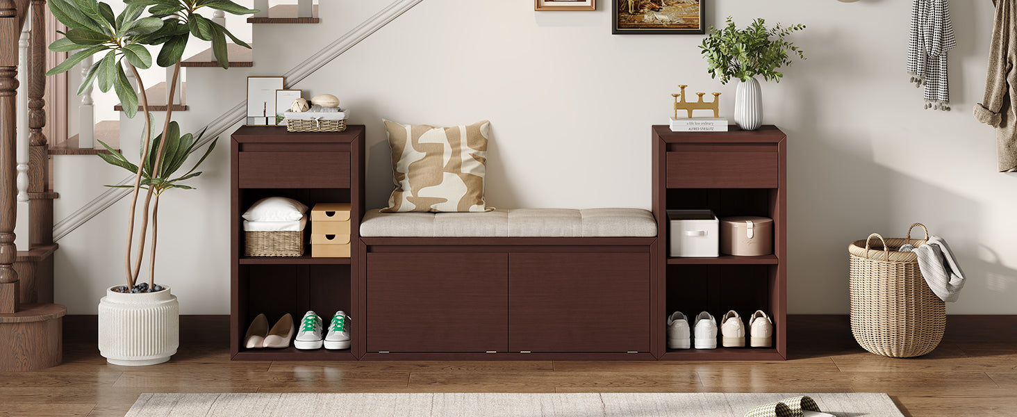 TREXM All-in-One Entryway Storage Bench with Cushion, Compartments, Drawers & Open Shelves, Storage Bench for Hallway, Mudroom, Living Room(Espresso) image 4