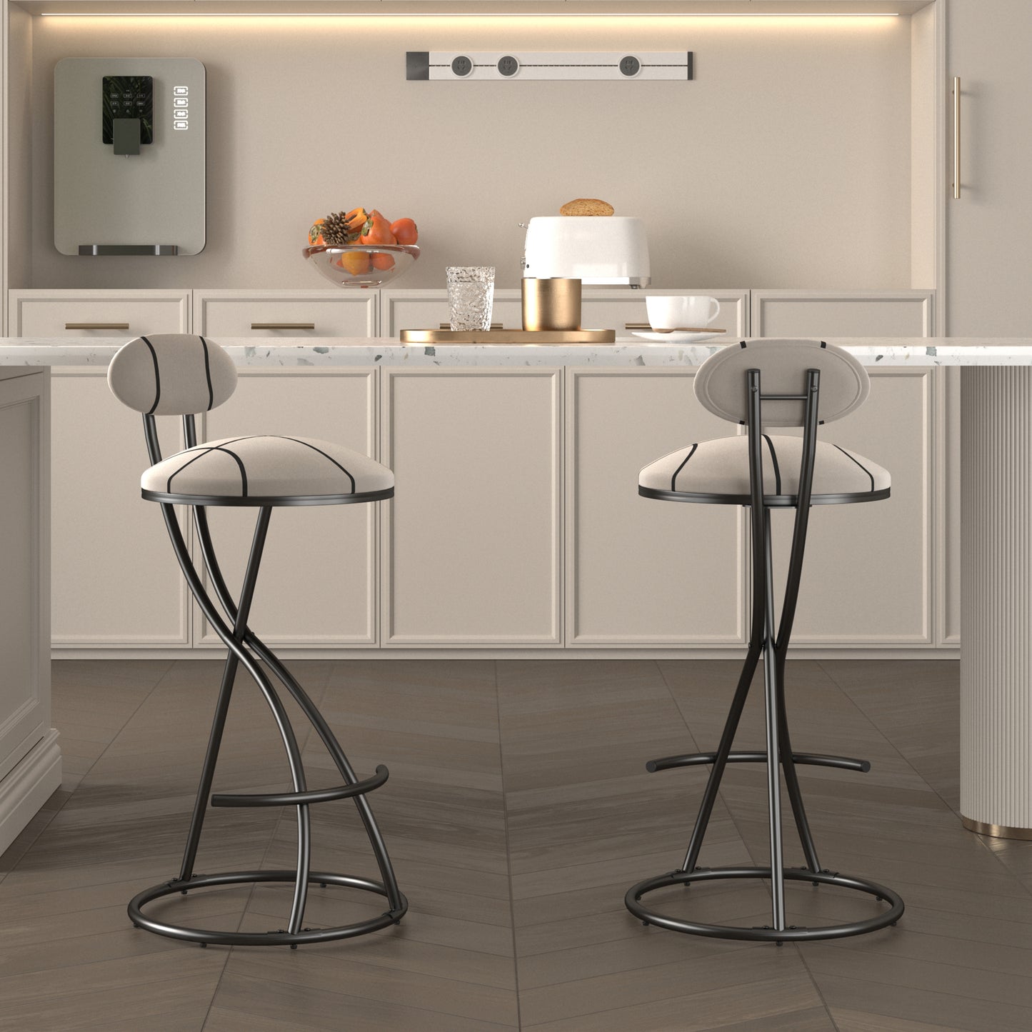 Upholstered Bar Stools Set of 2 Striped Counter Height Barstools Modern Velvet Dining Chairs for Kitchen Island, Living Room (Black & Stripe) image 1