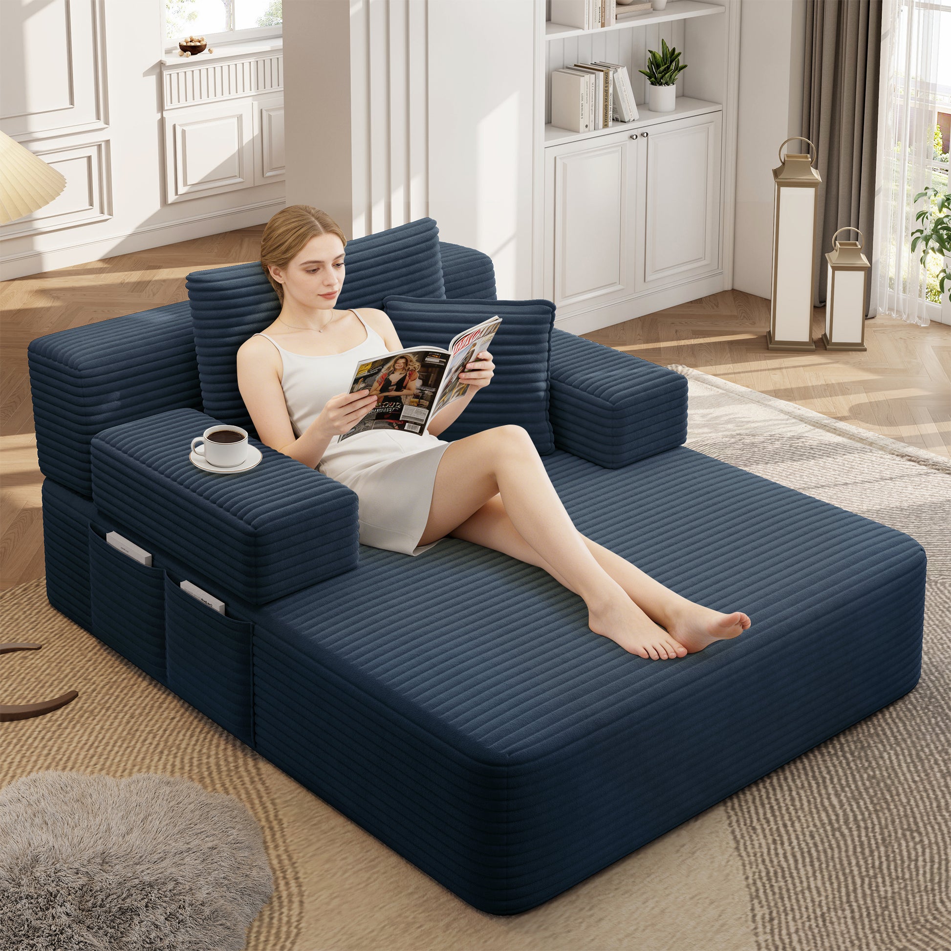 Luxurious Plush Corduroy Chaise Lounge with 3 Pillows, Convertible Sofa Bed with Storage Pocket, Frameless Design & Compression Foam for Small Spaces, Living Room, Apartment,Blue image 3