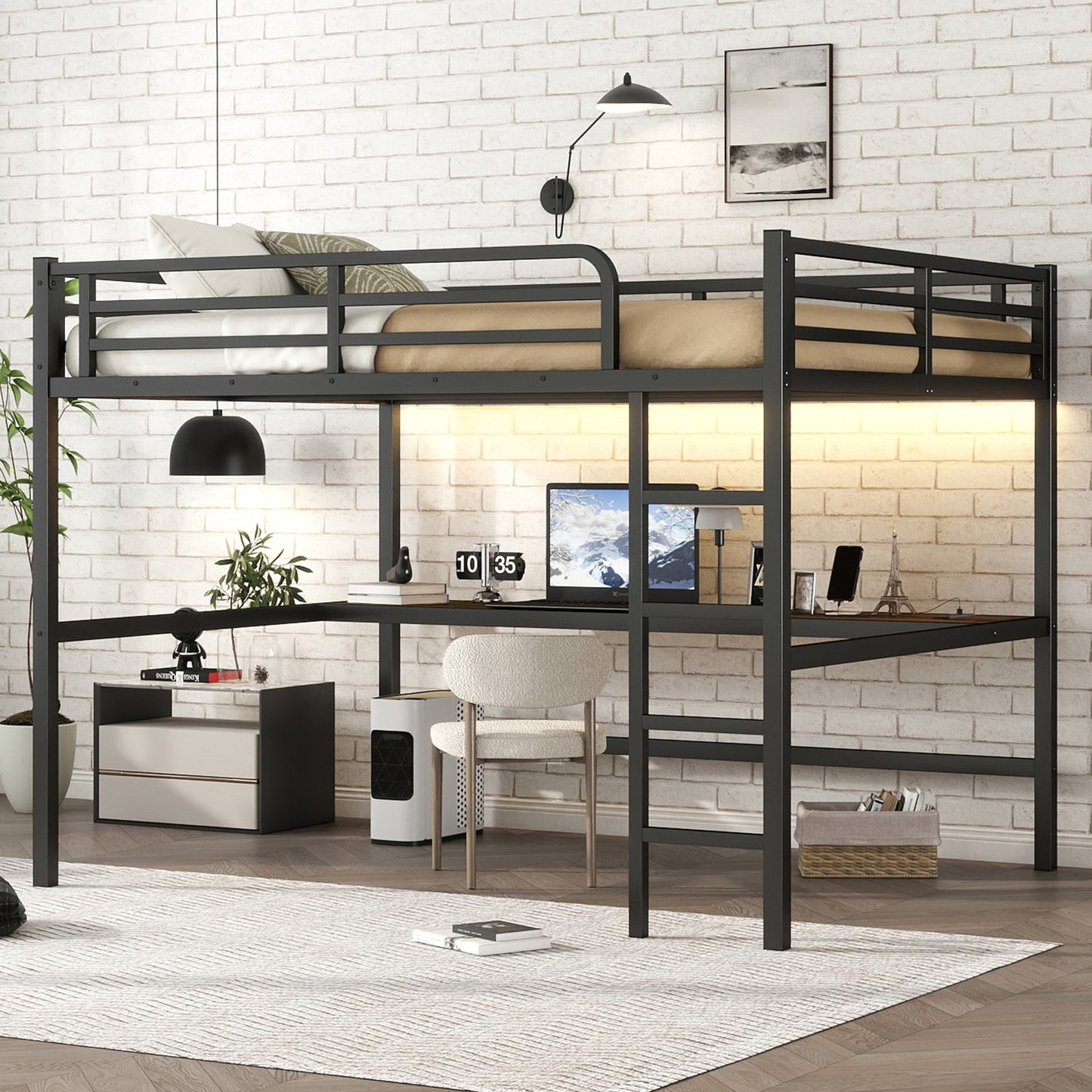 Metal Queen Size Loft Bed with Power Outlet and LED Lighted, Space-Saving, Noise Reduced, Black image 3