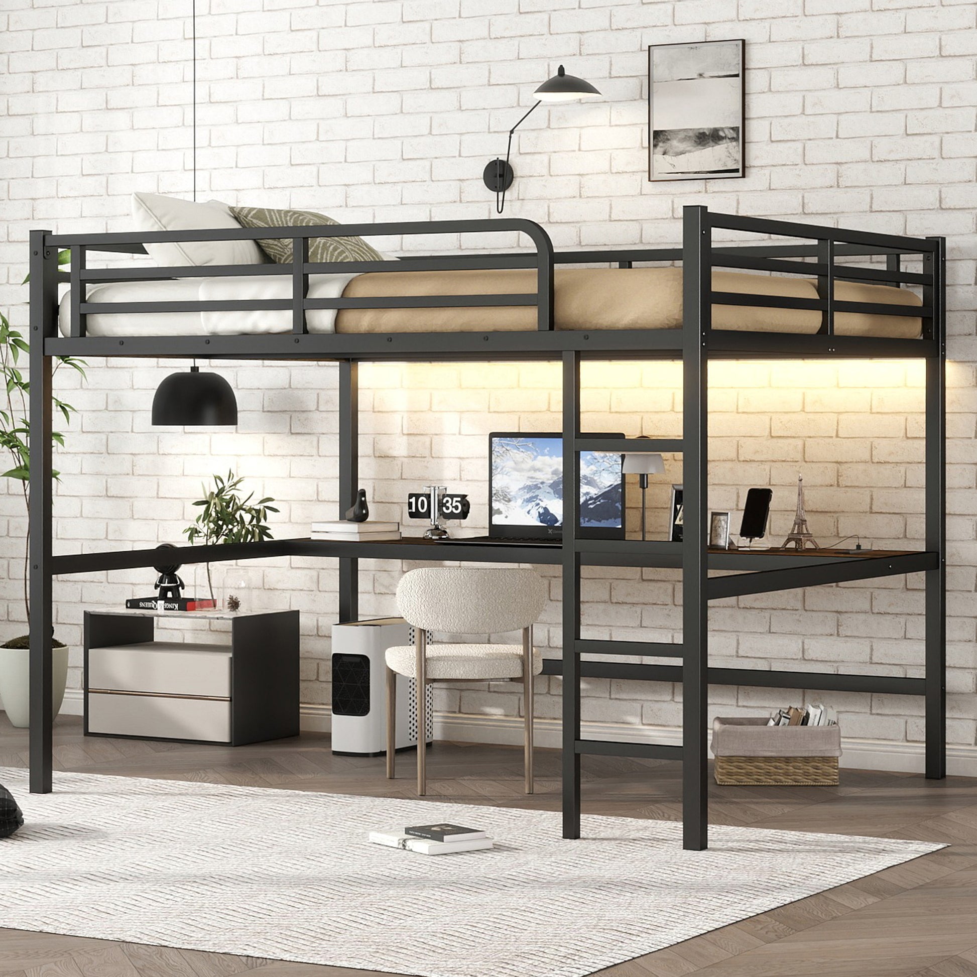 Metal Queen Size Loft Bed with Power Outlet and LED Lighted, Space-Saving, Noise Reduced, Black image 3