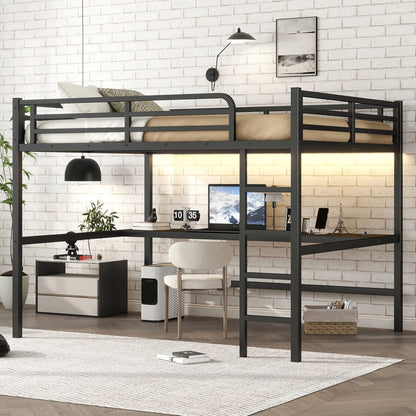 Metal Queen Size Loft Bed with Power Outlet and LED Lighted, Space-Saving, Noise Reduced, Black image 3