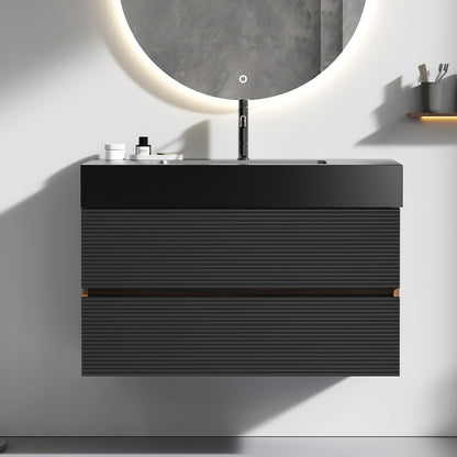 Grace 36" Walnut Bathroom Vanity with Matt Black Engineered Quartz Sink and Soft Black Drawers, Wall Mounted Floating Bathroom Vanity for Modern Bathroom, without drainage and faucet, KD image 1