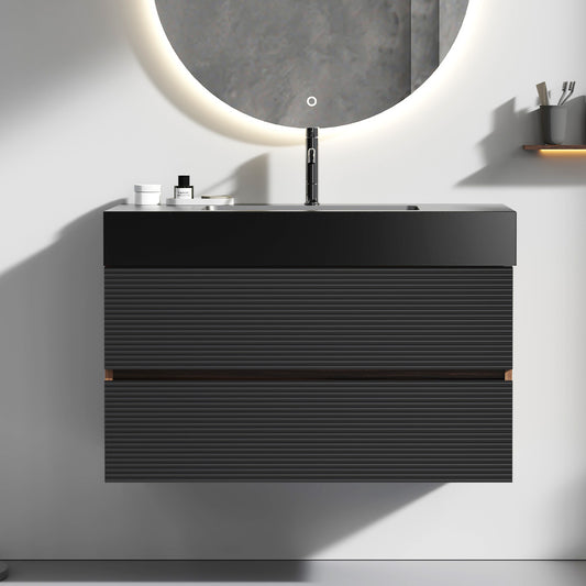Grace 36 inch walnut bathroom vanity with matt black quartz sink front view
