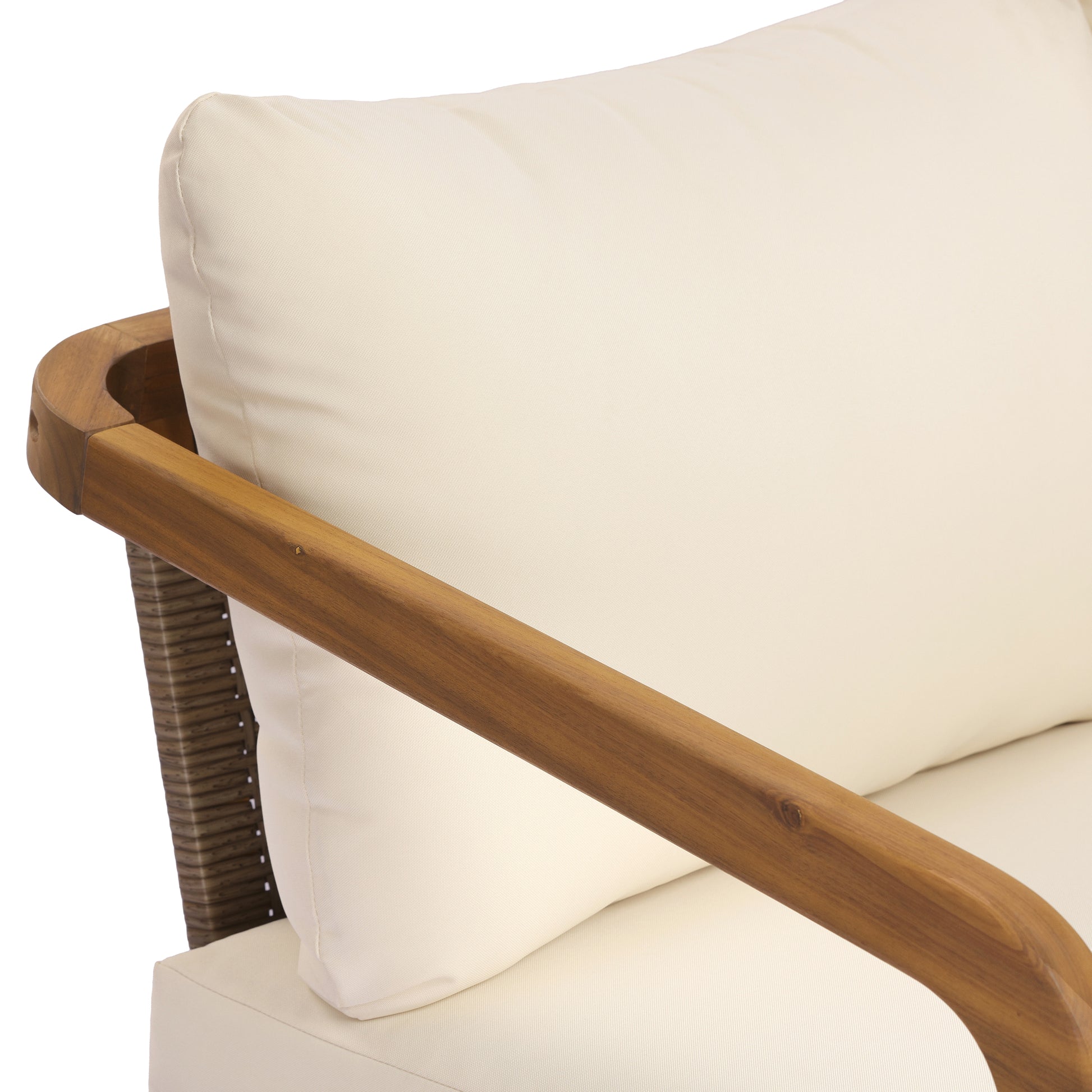 Acacia Wood Outdoor Patio Club Chair with PE Wicker Backrest & Cushions– Modern Accent Armchair for Balcony, Poolside, and Sunroom image 8