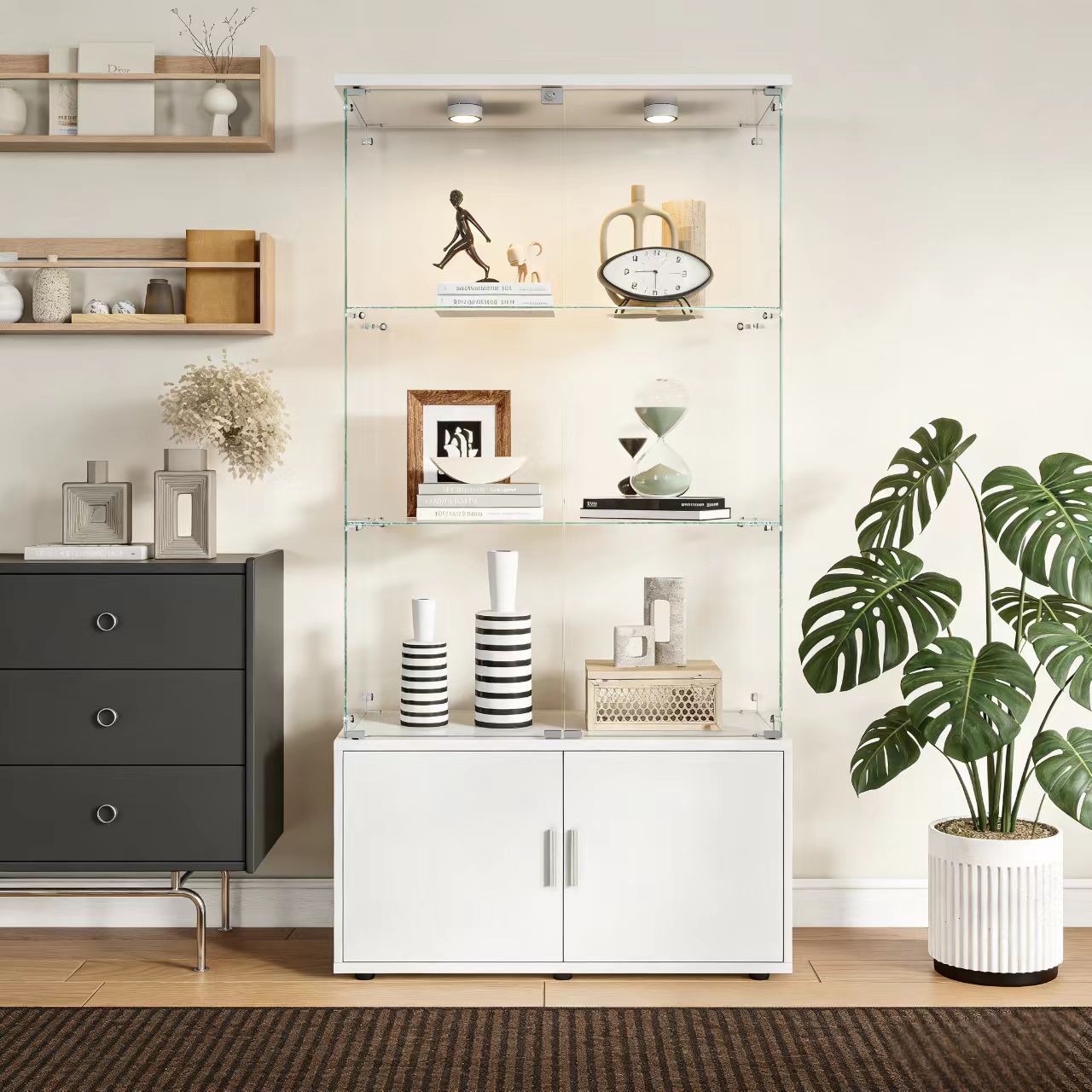 Double-door four-layer cabinet-style storage cabinet,display cabinet,wine cabinet,file cabinet,with remote-controlled PAIPAI lights,adjustable feet, can be placed in the living room,color:white image 3