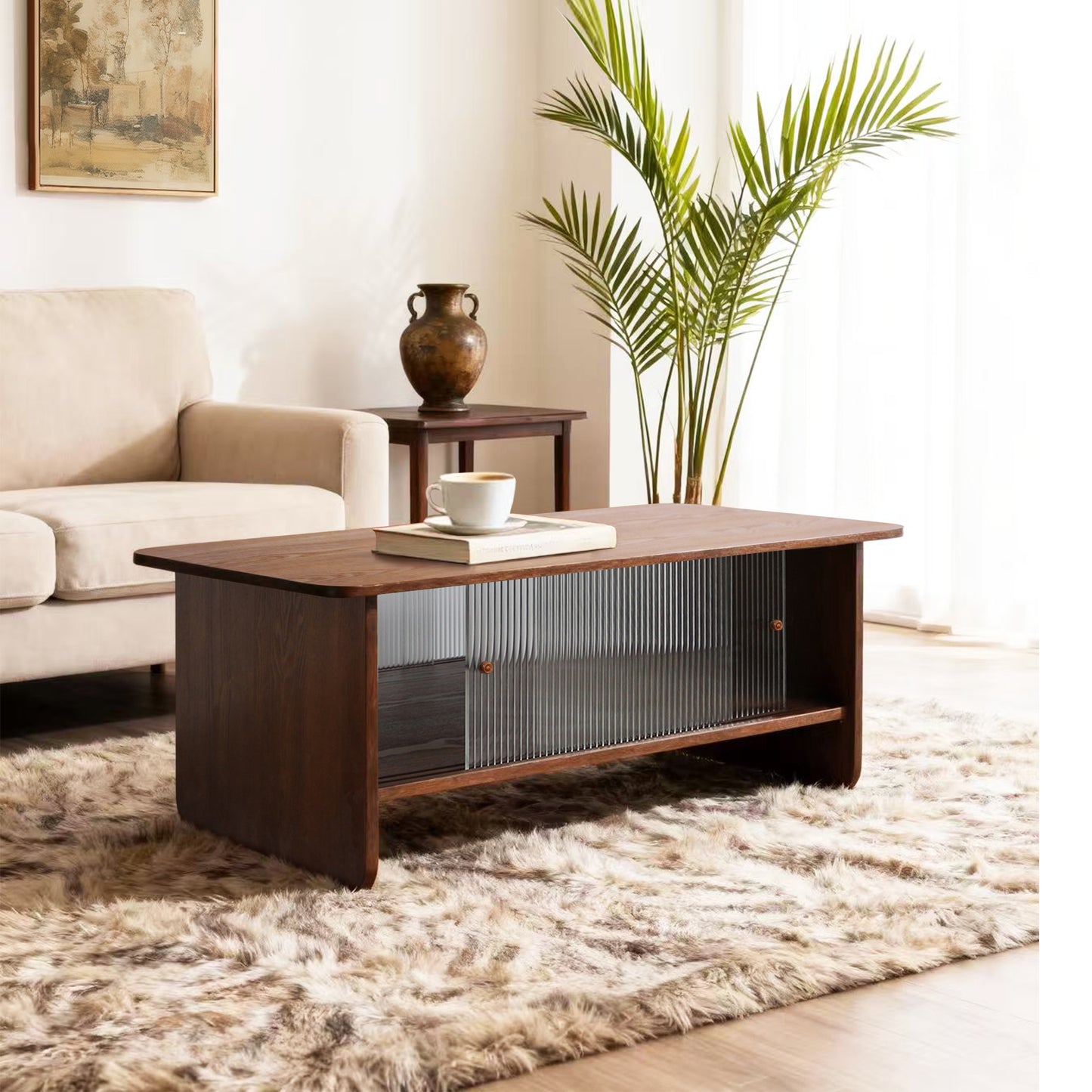 47" Coffee Table With Storage, Rectangular Mid-Century Retro Center Table, Fluted Glass Sliding Doors For Living Room Bedroom Guest Room, Walnut. image 9
