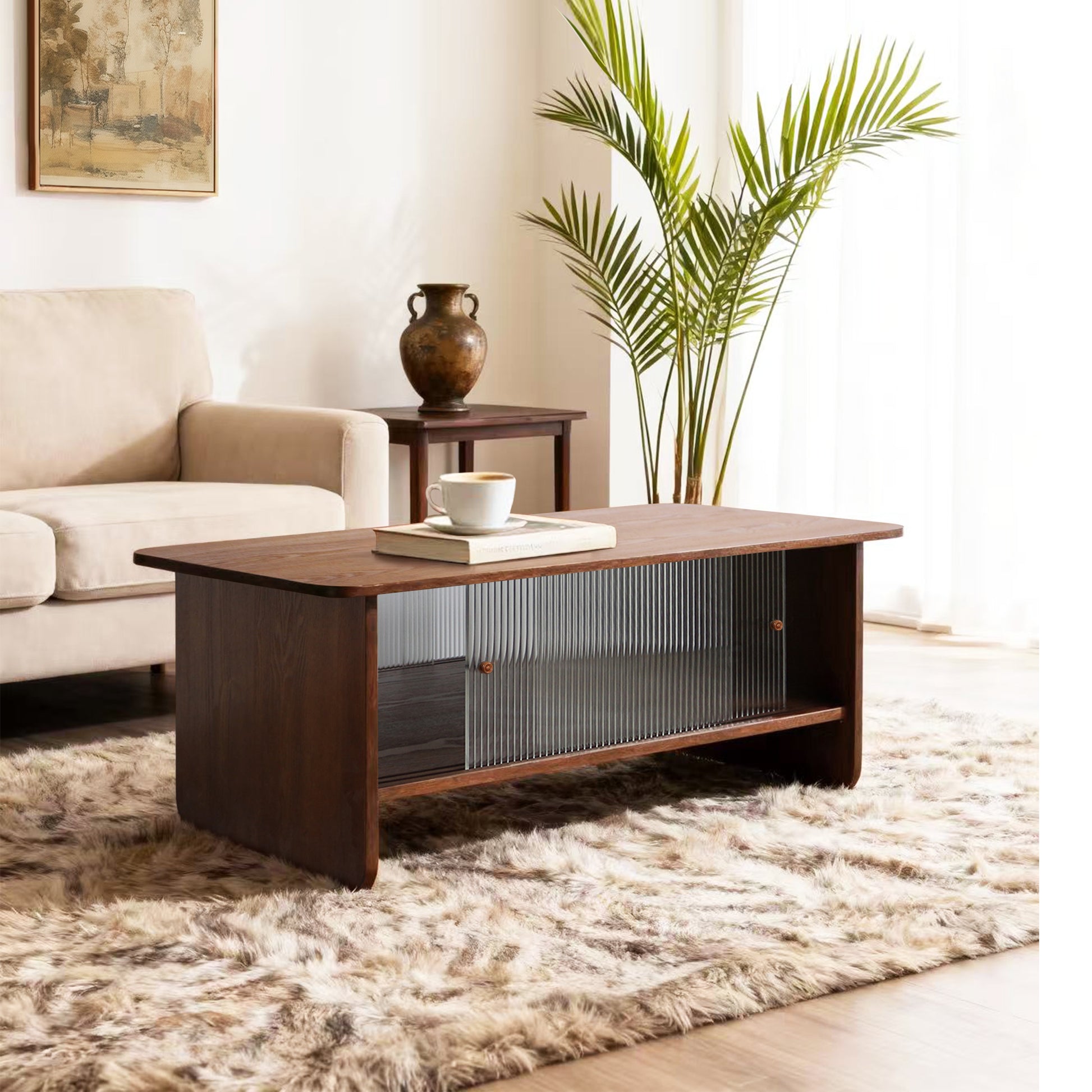 47" Coffee Table With Storage, Rectangular Mid-Century Retro Center Table, Fluted Glass Sliding Doors For Living Room Bedroom Guest Room, Walnut. image 9