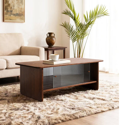 47" Coffee Table With Storage, Rectangular Mid-Century Retro Center Table, Fluted Glass Sliding Doors For Living Room Bedroom Guest Room, Walnut. image 9