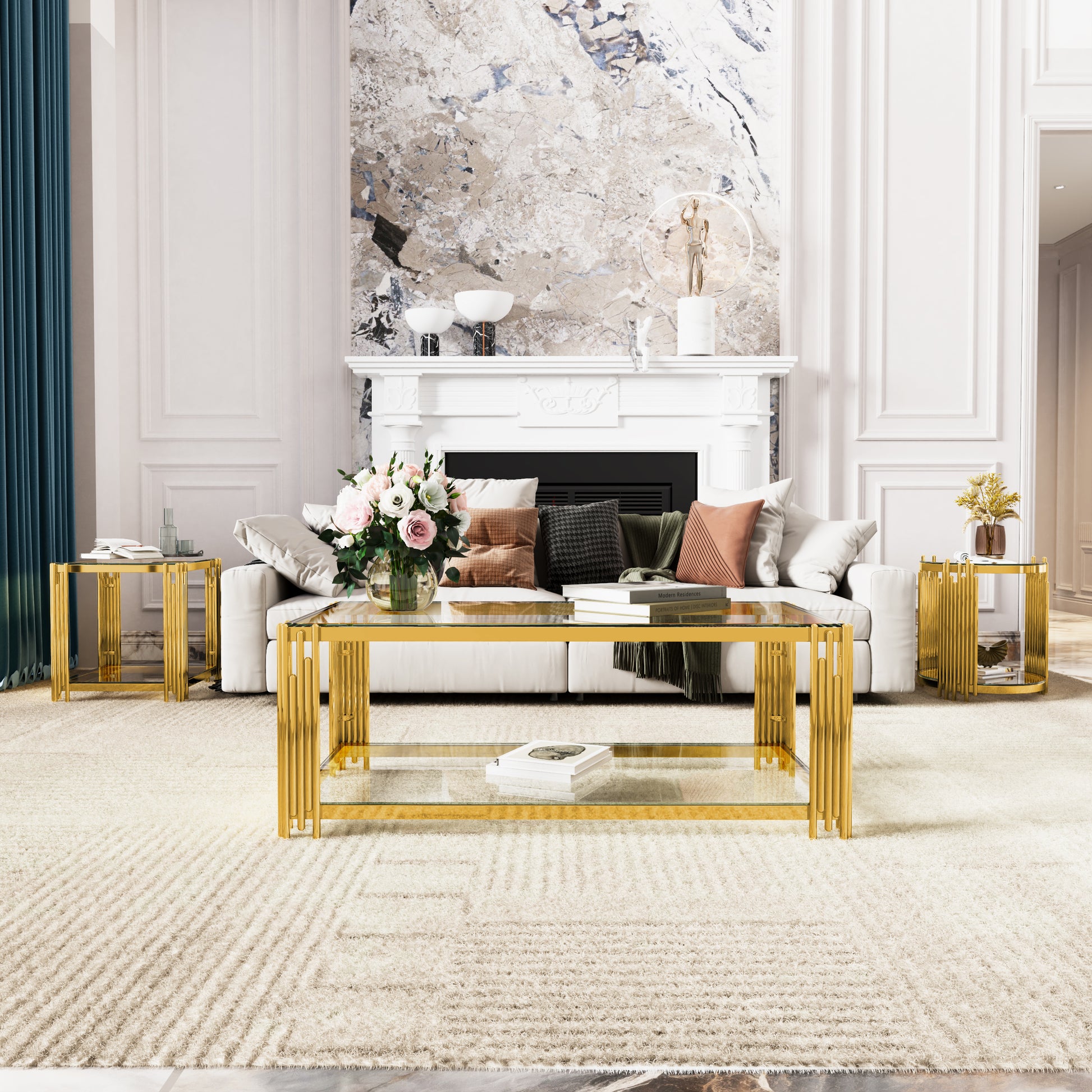 Modern Transparent Glass Coffee Table,Rectangle, Asymmetrical Metal, Gold Finish & Lower Shelf, 47.5" image 2