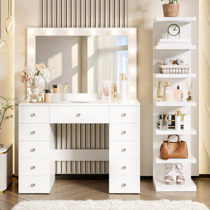 Vanity Desk with 11 Hollywood Bulbs & 7-Tier Storage Shelves, Makeup Vanity Desk with Power Outlet and 11 Drawers, 3 Color Lighting Modes, Dressing Table with Display Shelf Crystal Handles,White image 1