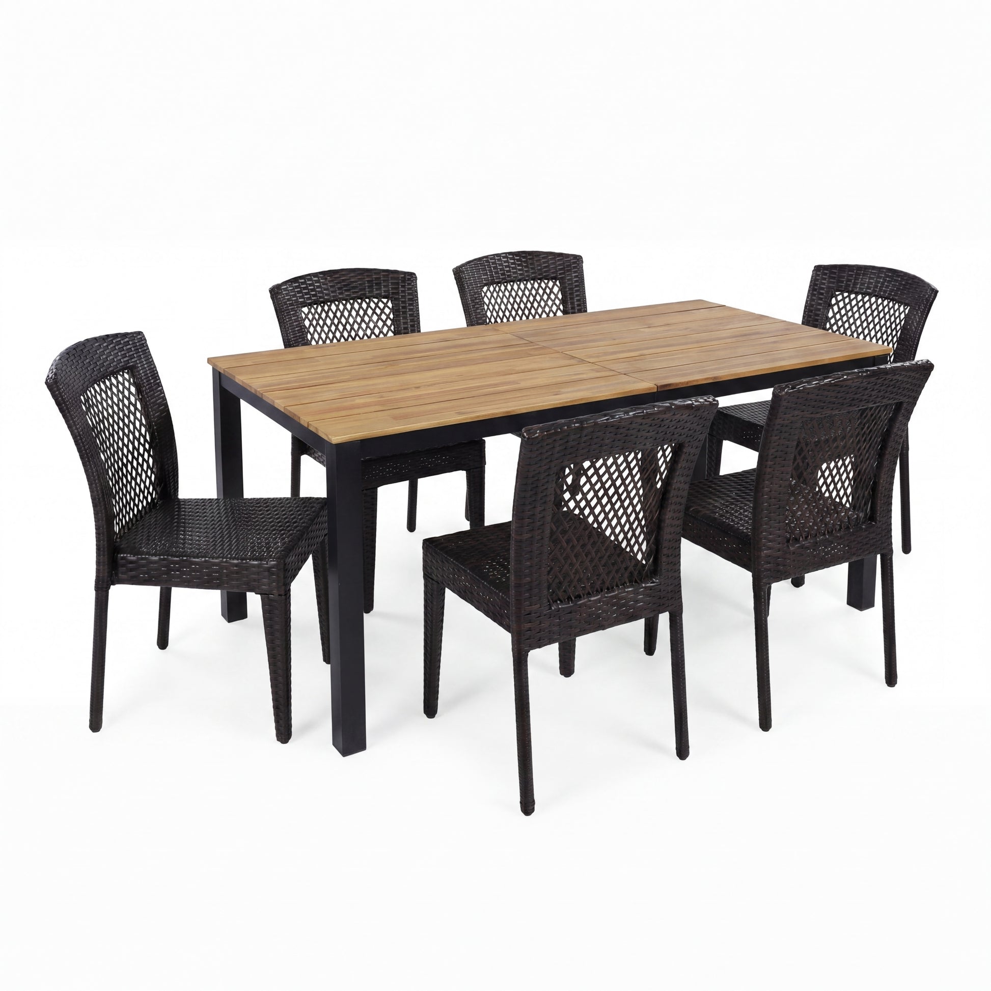 7-Piece Outdoor Dining Set, Acacia Wood Table & 6 Multi-Brown PE Rattan Chairs, Patio Dining Furniture image 3