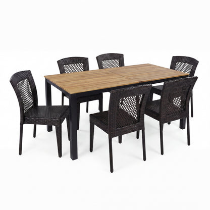 7-Piece Outdoor Dining Set, Acacia Wood Table & 6 Multi-Brown PE Rattan Chairs, Patio Dining Furniture image 3