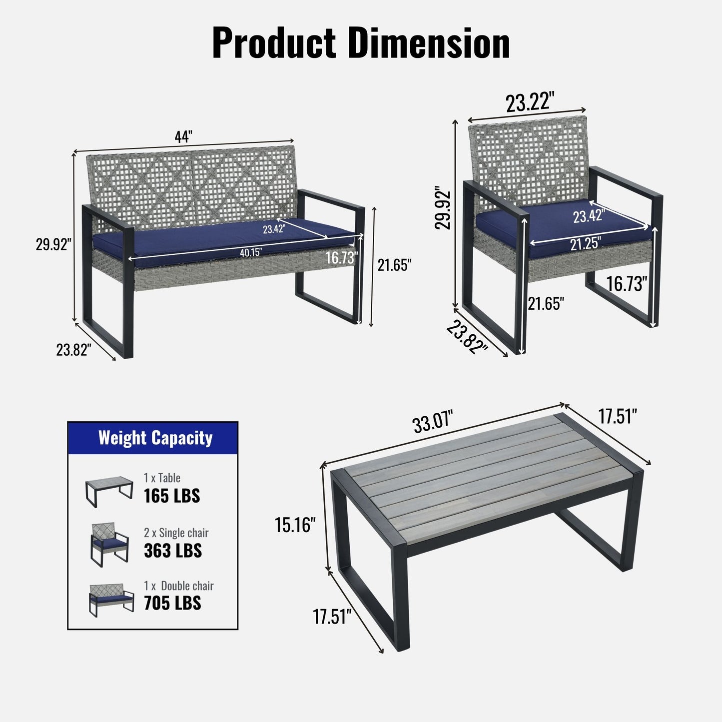 4-Piece Patio Furniture Set Outdoor Balcony Porch Garden Backyard Lawn Furniture Gray Acacia Wood Table Top, Blue Cushion and Light Gray rattan image 3