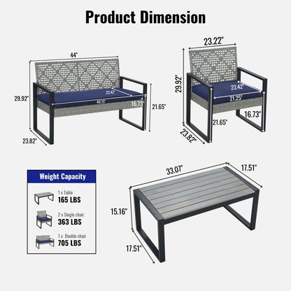 4-Piece Patio Furniture Set Outdoor Balcony Porch Garden Backyard Lawn Furniture Gray Acacia Wood Table Top, Blue Cushion and Light Gray rattan image 3