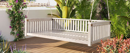 TOPMAX Patio Minimalist Twin Size Garden Swing Bed Wood Porch Swing with Ropes for Backyard, Safe Sloped Design, White image 3