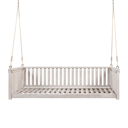 TOPMAX Patio Minimalist Twin Size Garden Swing Bed Wood Porch Swing with Ropes for Backyard, Safe Sloped Design, White image 10