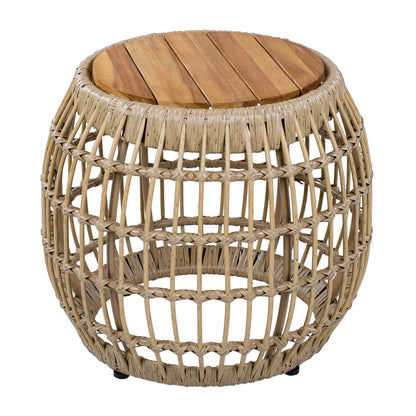 Acacia Wood Outdoor Side Table with Wicker Base - Light Brown, Round 16.15" Outdoor Accent for Patio, Garden, Balcony & Indoor Use image 5