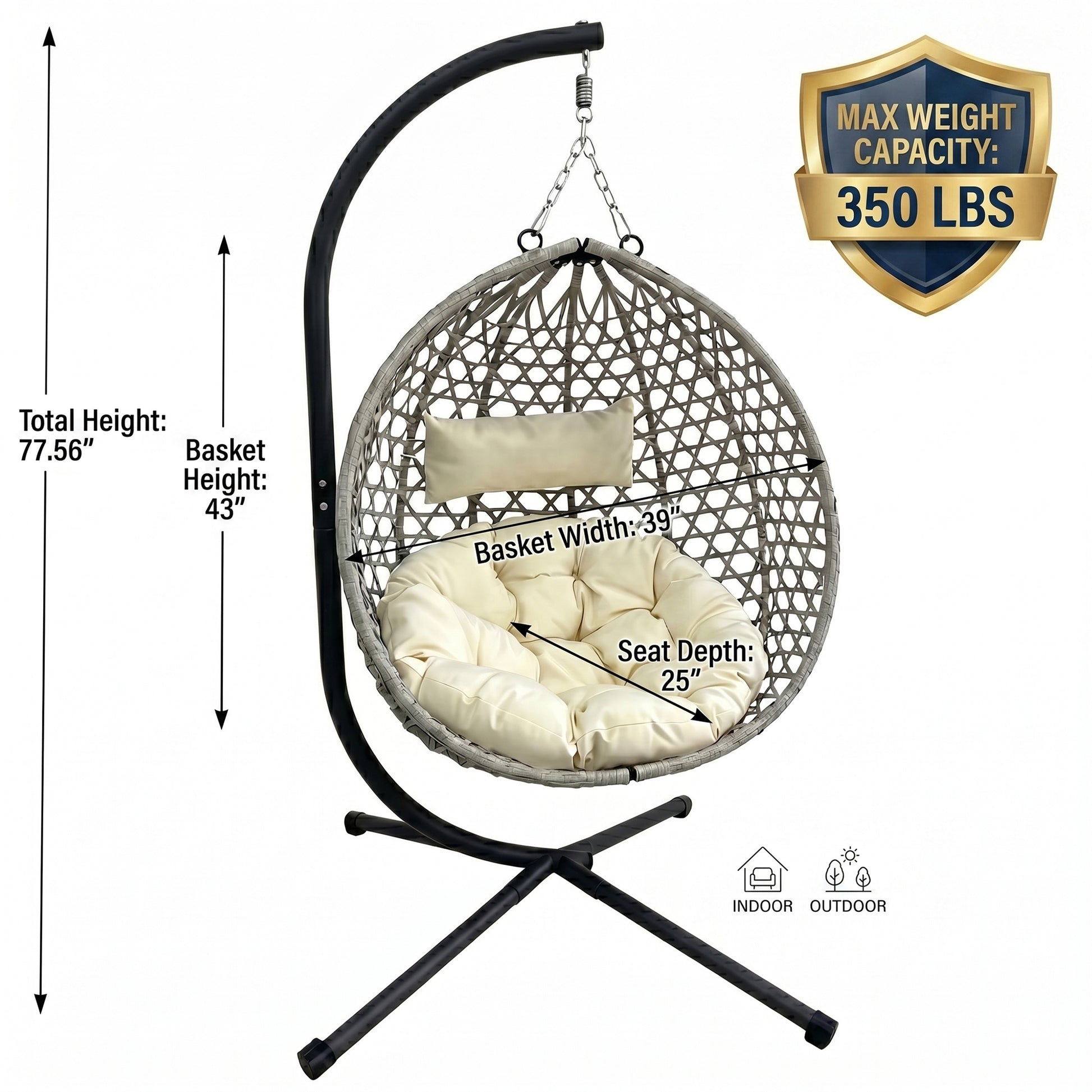 Folding PE Rattan Hanging Egg Chair with Stand, Gray Indoor Outdoor Hammock Swing Basket Chair, Aluminum Steel Frame for Patio Balcony Backyard Bedroom image 9
