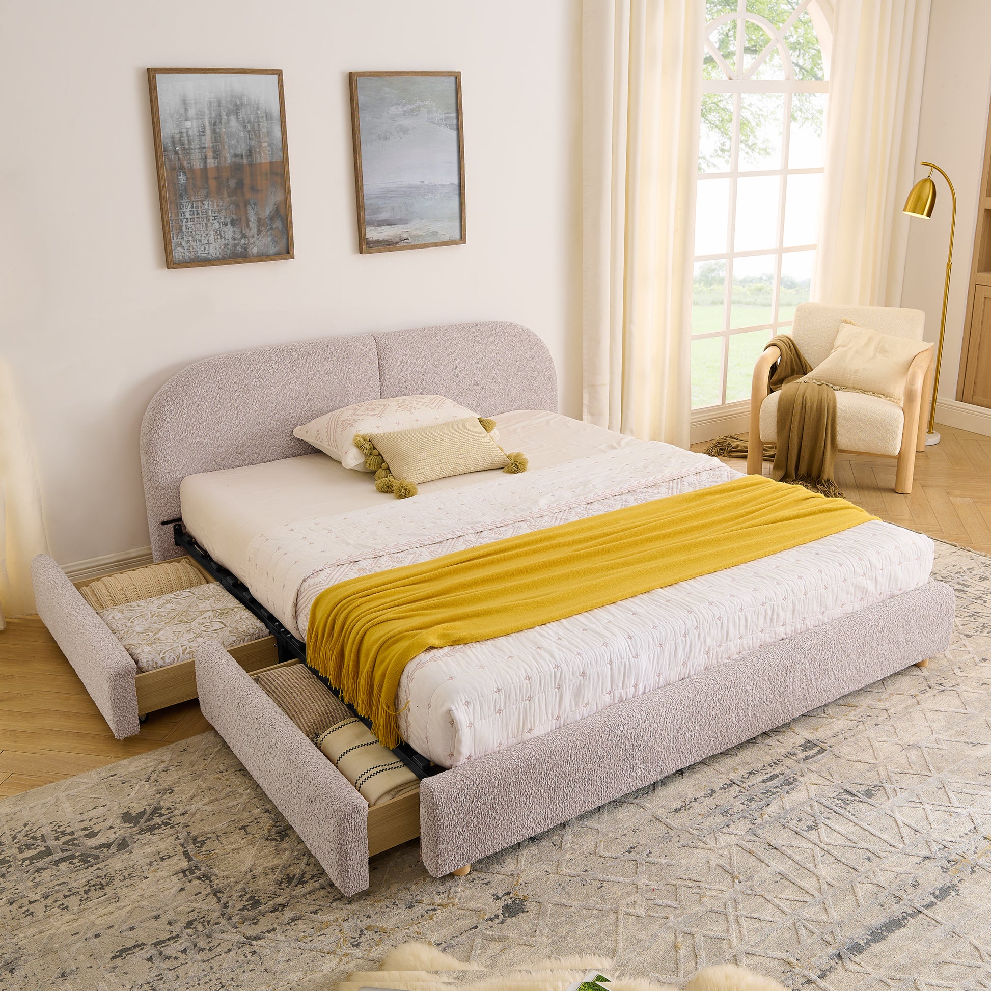 Queen Size Upholstered Bed Frame Modern Minimalist Style - Circle Yarn Fabric, Tall Curved Headboard, Sturdy Leg Support & Wheeled Drawer Storage, Mattress Not Included -Pink image 3