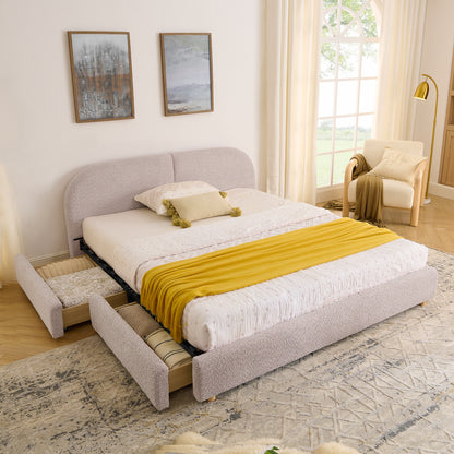Queen Size Upholstered Bed Frame Modern Minimalist Style - Circle Yarn Fabric, Tall Curved Headboard, Sturdy Leg Support & Wheeled Drawer Storage, Mattress Not Included -Pink image 3